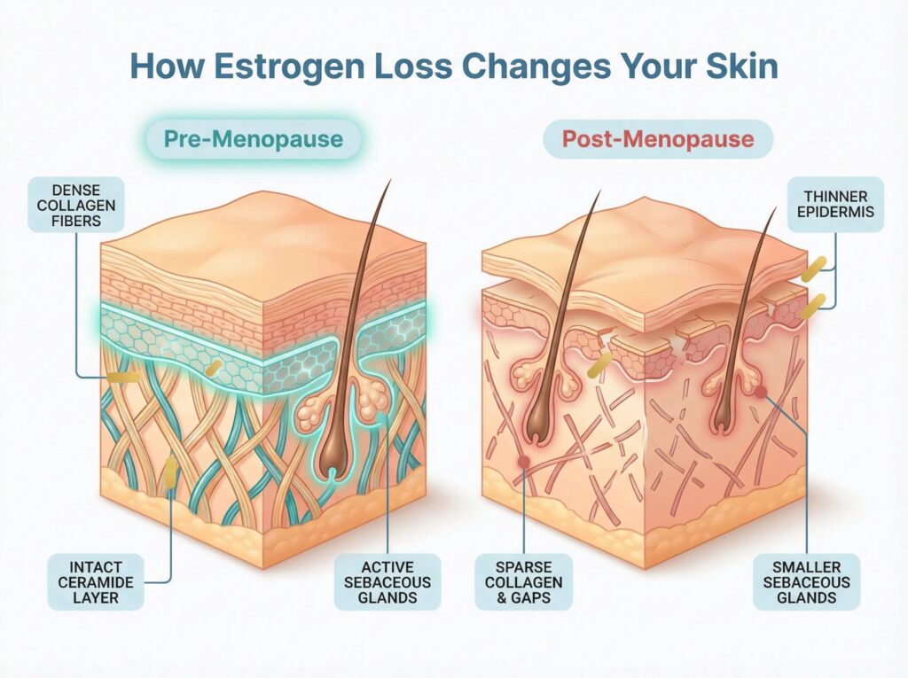 Medical illustration showing how declining estrogen reduces collagen, hydration, and skin elasticity during menopause.