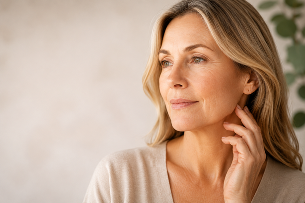Woman with mature skin illustrating estrogen-related skin aging and collagen loss during menopause.