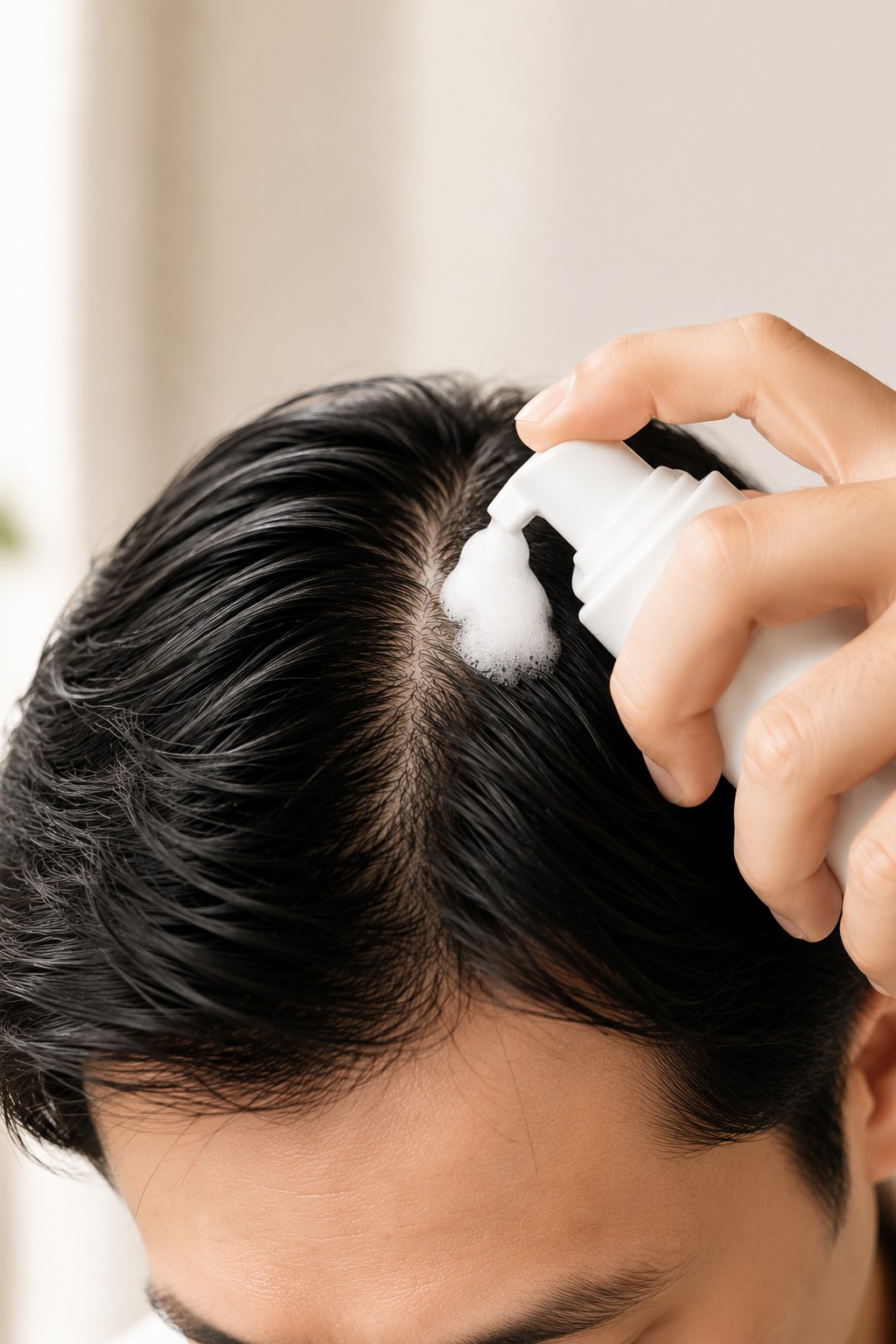 Close-up of a person applying topical hair loss foam directly to the scalp along a parted section of hair.