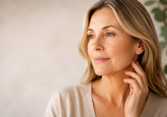 Woman with mature skin illustrating estrogen-related skin aging and collagen loss during menopause.